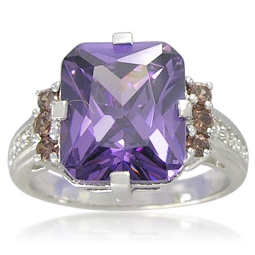 Sterling Silver Octagon-Shaped 10x12mm Purple Cubic Zirconia Ring, Size 7