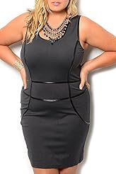 Plus Size Sexy Faux-Leather/Nylon/Rayon/Spandex Piping Fitted  Dress