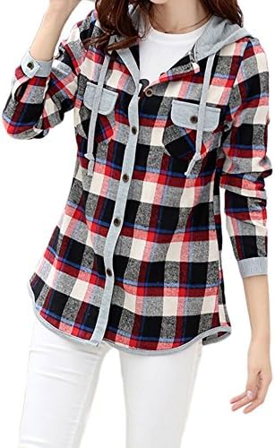 Rozzy K Womens Pocket Button Down Casual Plaid Hoodie Shirt Slim Fit Top Blouse X-Large Red and Grey