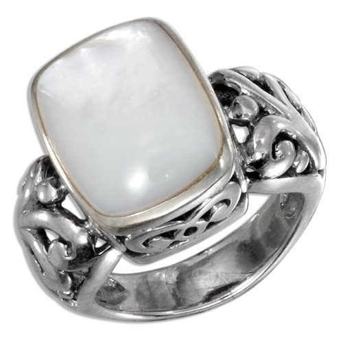 STERLING SILVER FILIGREE WHITE MOTHER OF PEARL RING