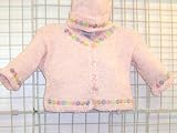 Ck11, Knitted on Hand Knitting Machine Finished By Hand Crochet Pink Chenille Infant Girls Cardigan Sweater Hat Set with Daisy Ribbon Trim
