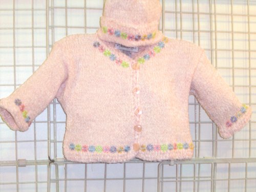 Ck11, Knitted on Hand Knitting Machine Finished By Hand Crochet Pink Chenille Infant Girls Cardigan Sweater Hat Set with Daisy Ribbon Trim