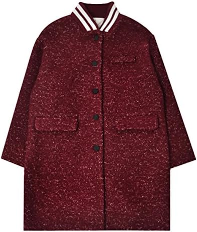 JQI Women's Winter Loose Wool Single Breasted Ribbed Neck Baseball Frock Coat Maroon