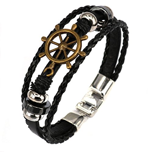Aprilsky Jewelry Unisex Leather Bracelet Vintage Tibetan Charms Bangle Bracelet Black