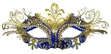 Venetian Blue Mask w/ Gold Metal Laser-cut and Crystals on Eyes