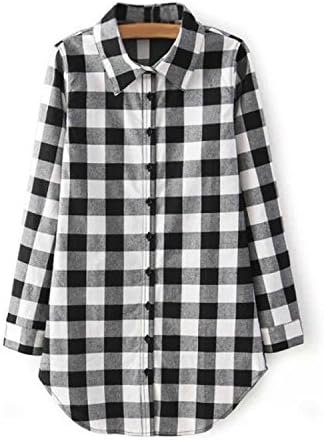 Womens Checked Long Sleeve T-shirt Ladies Casual Loose Button Down Tops Blouse (US(2-4)(Asia M), White+Black)