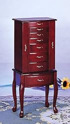 Queen Anne Style Jewelry Armoire in Mahogany Wood Finish with Eight Deluxe Drawers, Two Side Doors, and Mirror