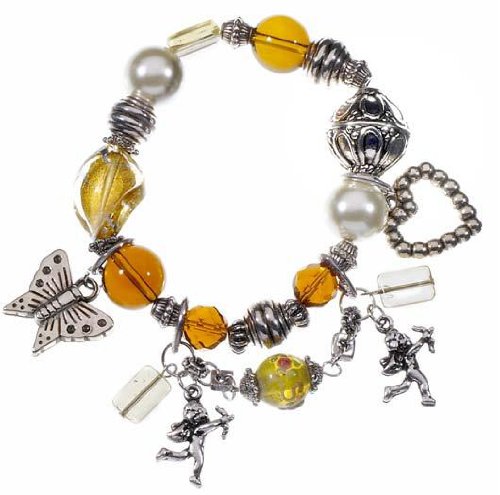 Ornate Ladies Fashion Bracelet, Faux Amber, Pearls and Charms – Gift Boxed