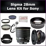 Ultimate Sigma Wide Angle 28mm f/1.8 EX Aspherical DG DF Macro Autofocus Lens Kit for Sony Alpha A230, A330, A500 Digital SLR Cameras. Package Includes: Sigma 28mm Lens, 0.45X Wide Angle Lens, 2X Telephoto Lens, Lens Cap, Lens Hood, Lens Cap Keeper, 3 Piece Filter Kit (UV-FLD-CPL) and Microfiber Cleaning Cloth