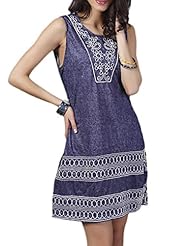 Round Neck Embroidered Vintage Sleeveless Denim  Dress