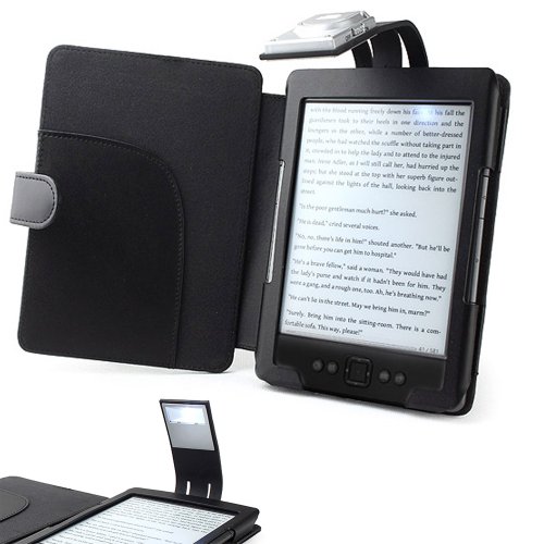 gadget geek - forefront cases&reg; housse &eacute;tui cuir synthetique avec lampe lecture led noir pour amazon kindle affichage encre electronique ink noir 5th gen sept 2012 case cover