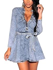 Long Sleeves Short Stretchy Belted Denim/Polyester/Spandex Flared-Skirt Skater Dress/Tunic/Mini Dress 