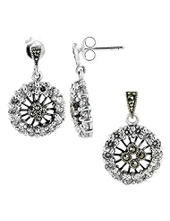 Sterling Silver Round Clear Cubic Zirconia and Marcasite Post Back Earrings and Pendant Jewelry Set