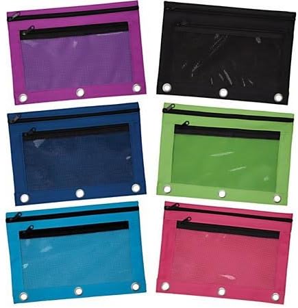 3-Ring Pencil Pouch with a Mesh Window, 2 Pockets, Colors May Vary