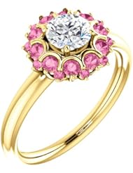 18K Yellow Gold Round Cut Diamond and Pink Sapphire Flower Inspired Ring -- LIFETIME WARRANTY