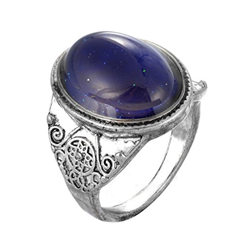 MJartoria Oval Pattern Engraved Antique Silver Color Retro Style Color Changing Mood Emotion Feeling Ring