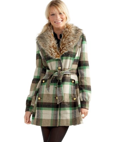 Me Jane Coat, Plaid Wool with Faux Fur Collar
