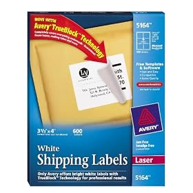 Avery® White Shipping Labels for Laser Printers with  TrueBlock Technology   3-1/3 inches x 4 inches, Box of 600 (5164)