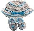 Handmade Cotton Baby Hat and Booties Set - Natural Yarn with Caribbean Blue Accents (Crocheted Entirely By Hand)