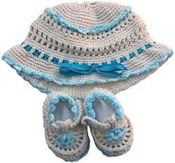 Handmade Cotton Baby Hat and Booties Set - Natural Yarn with Caribbean Blue Accents (Crocheted Entirely By Hand)