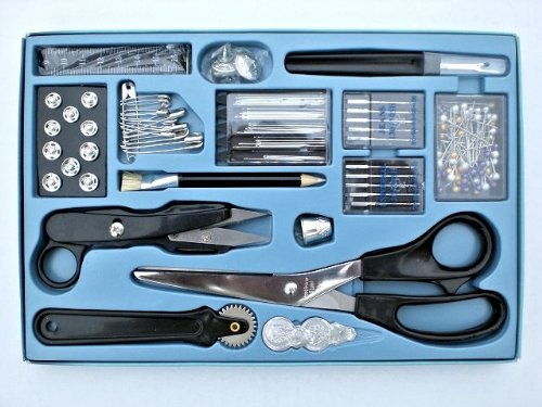 Ze - Set da cucito da 143 pezzi: forbici, scucitrice, aghi per macchina da cucire ecc., colore: Azzurro/Nero/Naturale
