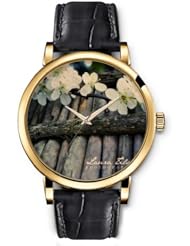 SPRAWL Aanalog Fashion Series Gold Ladies Watches of Genuine Black Leather Strap,Unique Wrist Watch for Women Girls Designed with White flowers on tree trunks