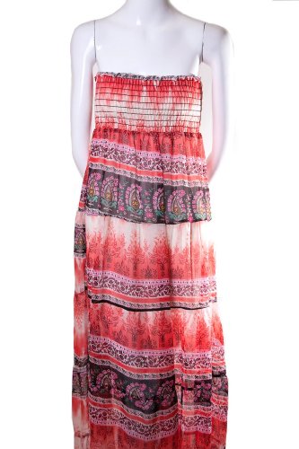 Paris Smocked Floral Chiffon Printed Boho Hippie Tube Long Maxi Strapless Dress