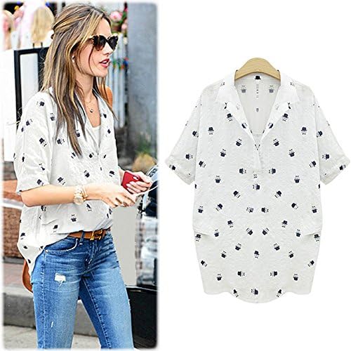 QNE267 2015 summer new loose short-sleeved linen shirt printing lapel jacket (WHITE, S)