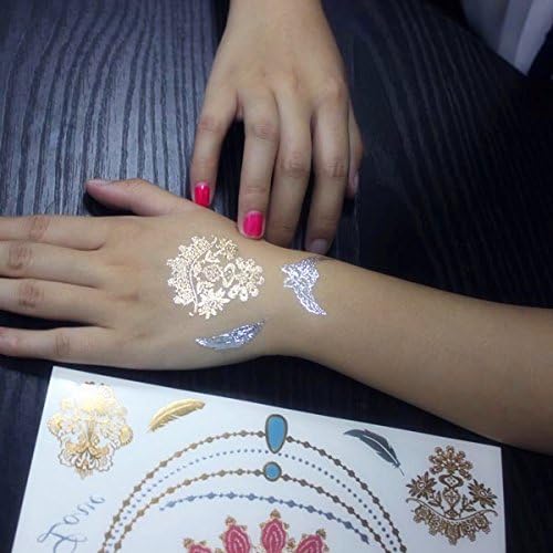 Beautiful Metallic Temporary Tattoos, Silver, Pink, Blue, Necklaces, Flowers, Feathers, Love, one 4" x 8" sheet with several individual tattoos