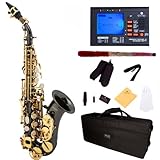 Mendini by Cecilio MSS-CSBNG+92D Black Nickel Plated and Gold Keys Curved B Flat Soprano Saxophone with Tuner, Case, Mouthpiece, 10 Reeds and More