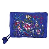 Silky Embroidered Brocade Jewelry Travel Organizer Roll Pouch - Sapphire Blue
