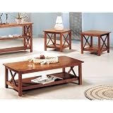 3pcs Cross Design Brown Finish Coffee and End Table Set by 