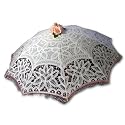 White Battenburg Lace Parasol Fringed with Pink Beads