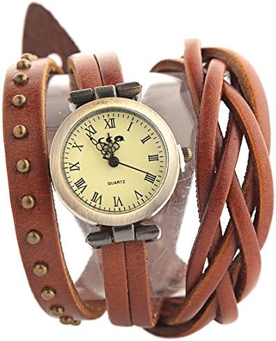 Soulvin Unisex Retro Rivet Charm Watch Weave PU Belt Twine Wrist Bracelet Watch Brown