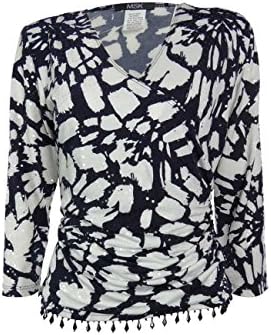 MSK Women's Surplice Beaded Sequined Jersey Blouse (XL, Navy/White)
