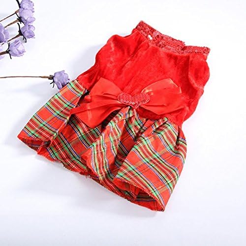 Christmas Dog Pet Bow-knot Costume Plaid Skirt Clothes Santa Dress S