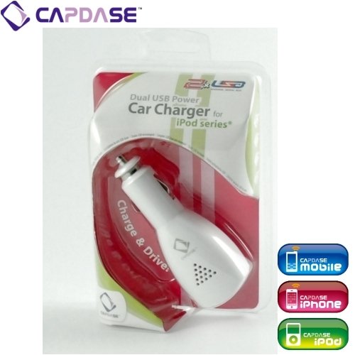 CAPDASE Apple iPod, iPod touch / iPhone 3G, 3GS Dual USB Car Charger, White デュアル USB カーチャージャー ホワイト CA00-0702