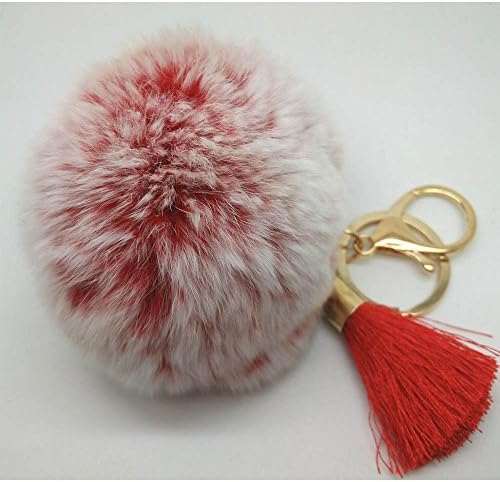 Fashion Frosted Red Cute Fluffy Rex Rabbit Fur Pom Pom with Tassel Keychain Handbag Pendant