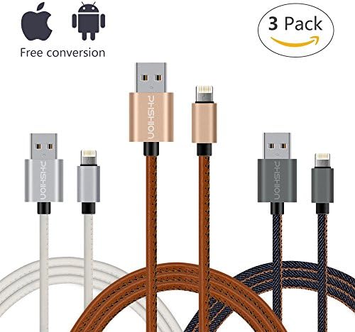 Phshion ® 3 Packs Reversible Micro USB Cable and Apple Lightning Cable 2 in 1 Joined Cord Both for IOS and Android System(3.3feet 1meter) with Free Storage Bag- PU Brown+PU White+Denim