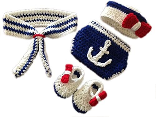 Baby Infant Costume Bowknot Navy Suit Handmade Crochet Knitted Hat Underwear Shoes