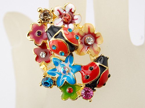 Floral Ladybug Insect Trend Statement Ring Size 7 8 9