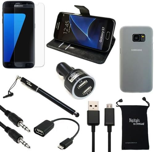 S7 Case and Accessories, DigitalsOnDemand ® 9-Item Accessory Kit for Samsung Galaxy S7 - TPU Cover, Black Leather Case, Screen Protector, Stylus, USB 2.0 Cable, Car Charger, OTG, AUX, Travel Bag