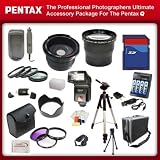 The Professional Photographers Ultimate Accessory Package For The Pentax Q includes: 32GB Hi Speed Error Free Memory Card, Hi Speed Card Reader, Macro Lens Kit, 2 Replacement Batteries & Charger, Hard Flower lens Hood, 0.5x Professional Wide Angle Lens , 3.6X Telephoto Lens, 72 Inch tripod, Professional Digital Camera Swivel TTL Flash, Flash Diffuser, Hard Carrying Case, Lens Cleaning Kit, Screen Protectors, Flexible Mini Tripod and More...