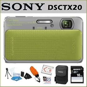 Sony DSCTX20/G Cybershot 16MP 4X Digital Camera Green + Sony Class 4 16GB SDHC Card + Sony Digital Camera Case + Accessory Kit