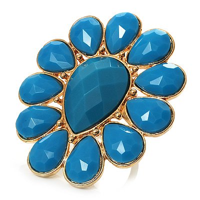 Oversized Turquoise Style Floral Acrylic Cocktail Ring (Gold Tone)