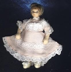 Dollhouse Miniature Porcelain Girl Doll in a Pink Dress