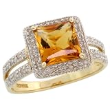 14k Gold Square Stone Ring, w/ 0.20 Carat Brilliant Cut Diamonds & 2.50 Carats Princess Cut Citrine Stone, 3/8' wide
