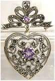 925 Sterling Marcasite w. Amethyst Dangle Heart Pin