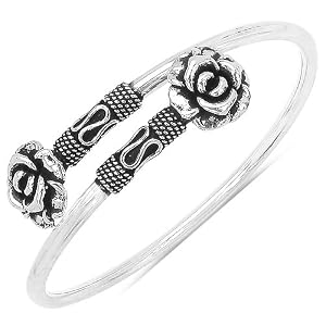 Bali Inspired Roses Bangle Bracelet Sterling Silver Oxidized Bali Inspired Roses Bangle Bracelet for Women