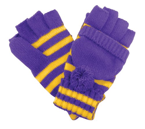 Purple and Gold Striped Acrylic Fingerless Gloves with Removal Mitten Cap by Red Carpet Studios